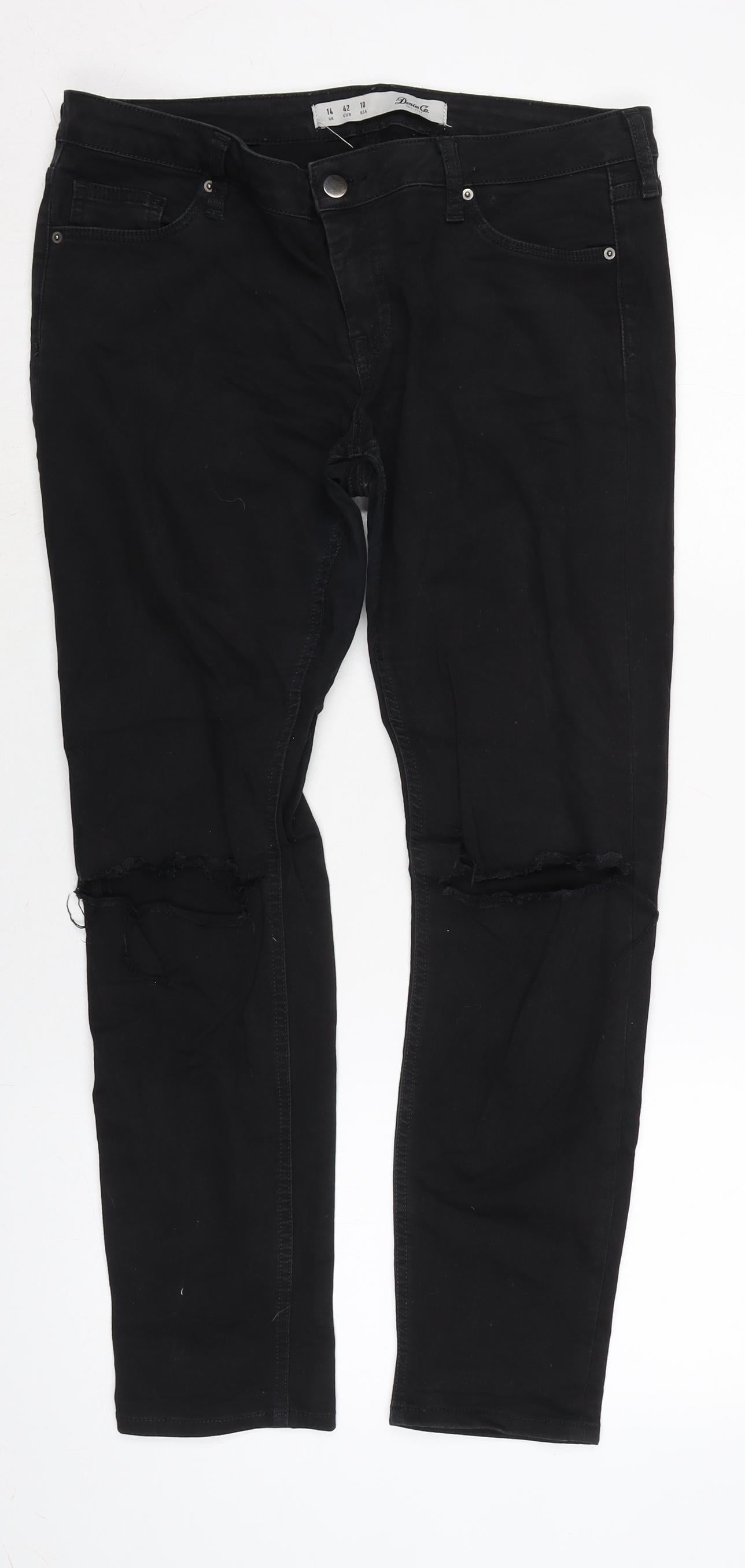 Denim & Co. Womens Black Cotton Blend Straight Jeans Size 14 L27 in Regular Zip - Distressed