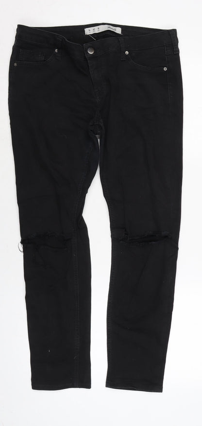 Denim & Co. Womens Black Cotton Blend Straight Jeans Size 14 L27 in Regular Zip - Distressed
