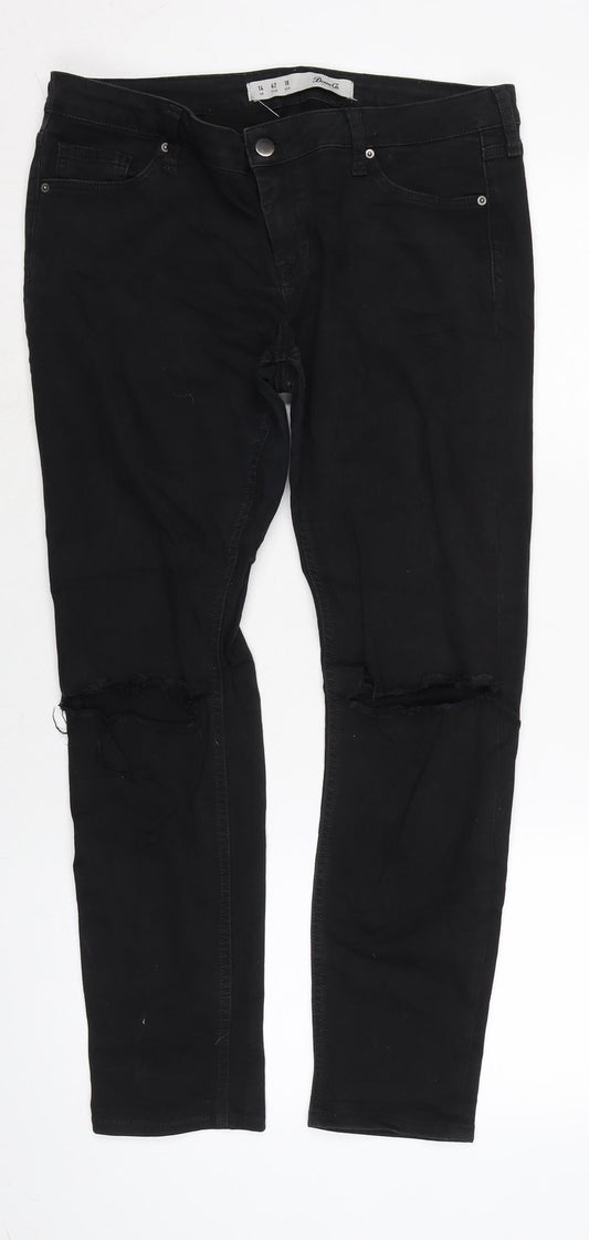 Denim & Co. Womens Black Cotton Blend Straight Jeans Size 14 L27 in Regular Zip - Distressed