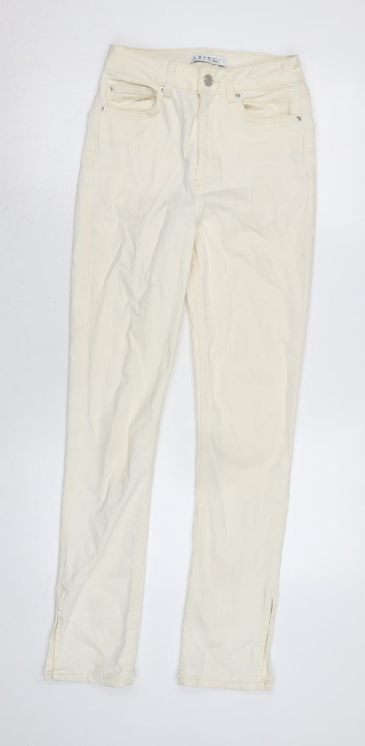 Denim & Co. Womens Ivory Cotton Blend Straight Jeans Size 8 L30 in Regular Zip - Vented at bottom.