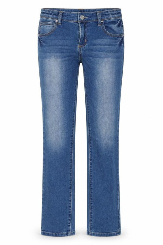 Front view of Pumpkin women’s blue cotton blend straight jeans, size UK 12, 26-inch leg regular zip