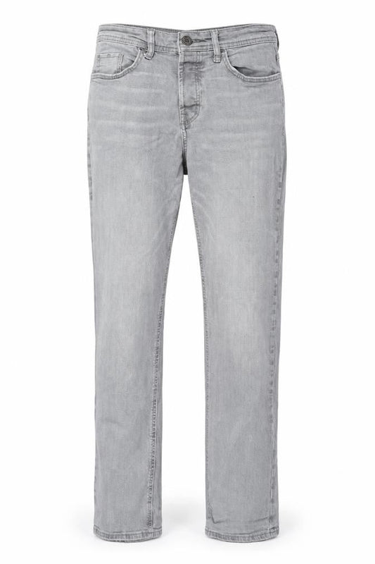 Front view of Denim & Co. men’s grey cotton blend straight jeans, size 28, in, 29-inch leg regular zip