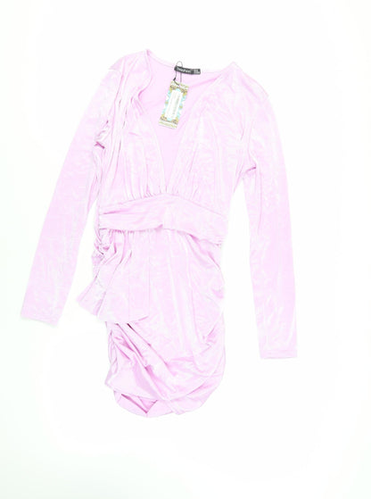 Boohoo Womens Purple Polyester Mini Size 14 V-Neck Pullover - Ruched