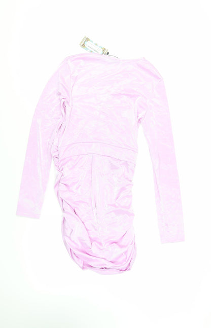 Boohoo Womens Purple Polyester Mini Size 14 V-Neck Pullover - Ruched