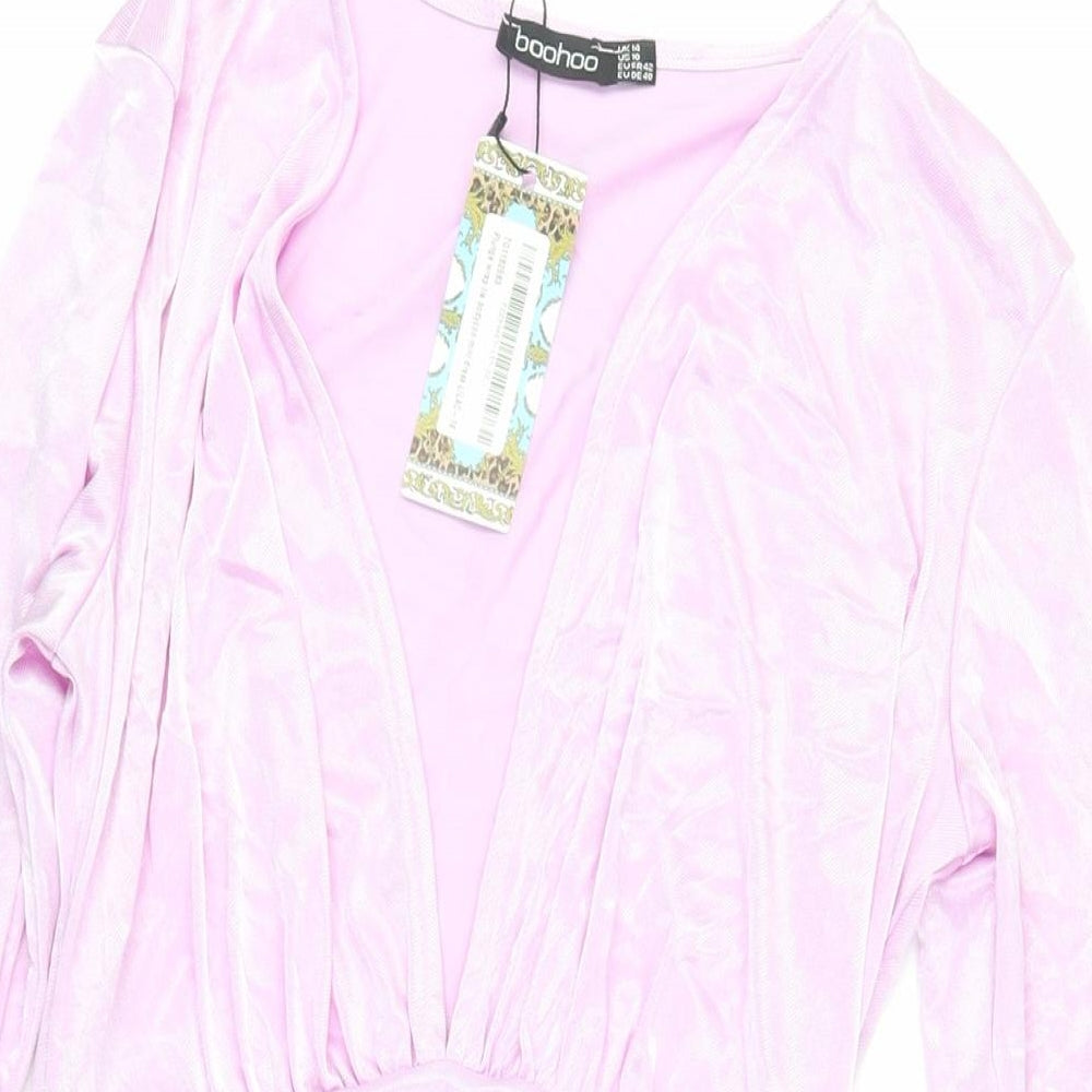 Boohoo Womens Purple Polyester Mini Size 14 V-Neck Pullover - Ruched