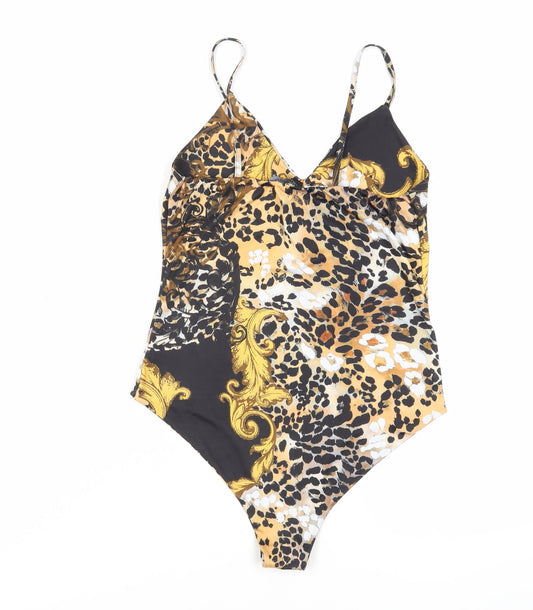 PRETTYLITTLETHING Womens Black Animal Print Polyester Bodysuit One-Piece Size 8 Snap
