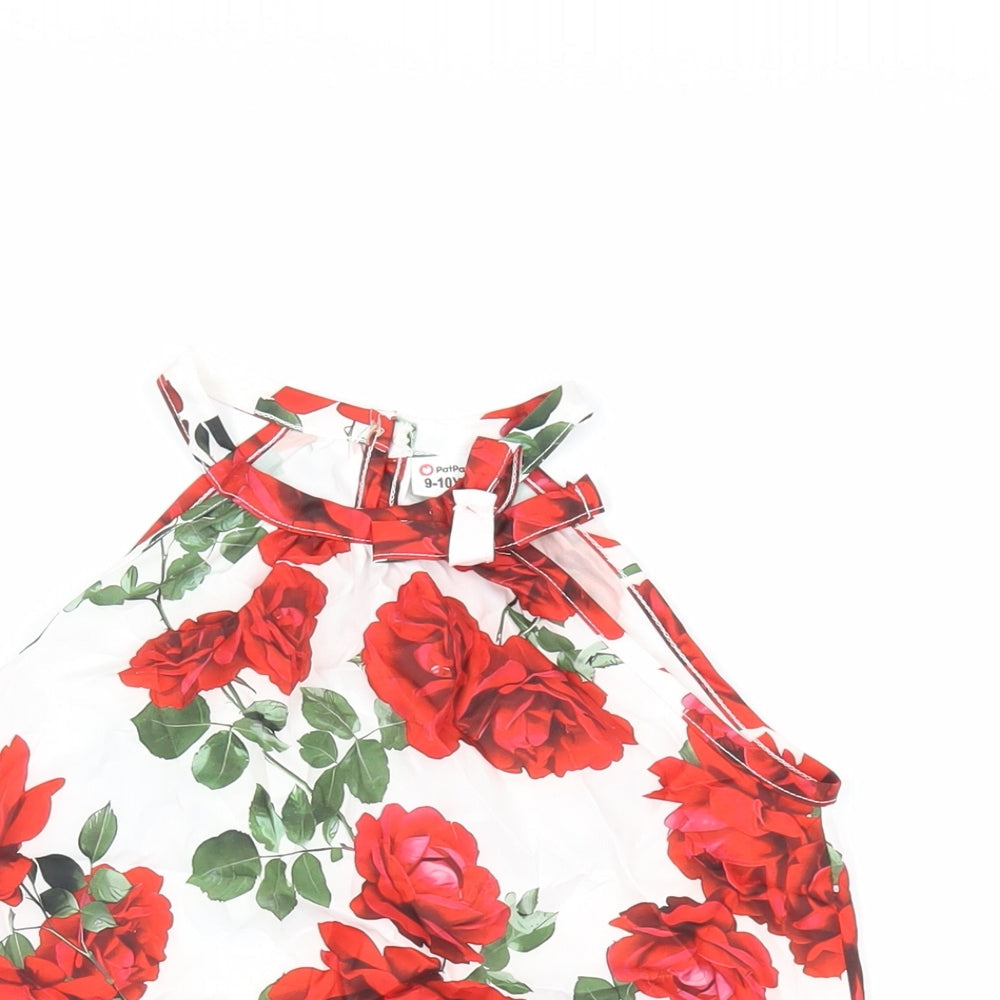 Close-up detail of PatPat girls’ white floral polyester basic blouse, size 9-10, years halter button