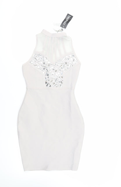 Boohoo Womens Grey Polyester Bodycon Size 8 Halter Hook & Eye - Embellished