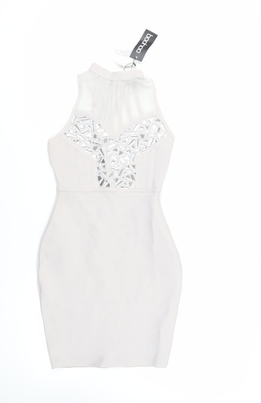 Boohoo Womens Grey Polyester Bodycon Size 8 Halter Hook & Eye - Embellished