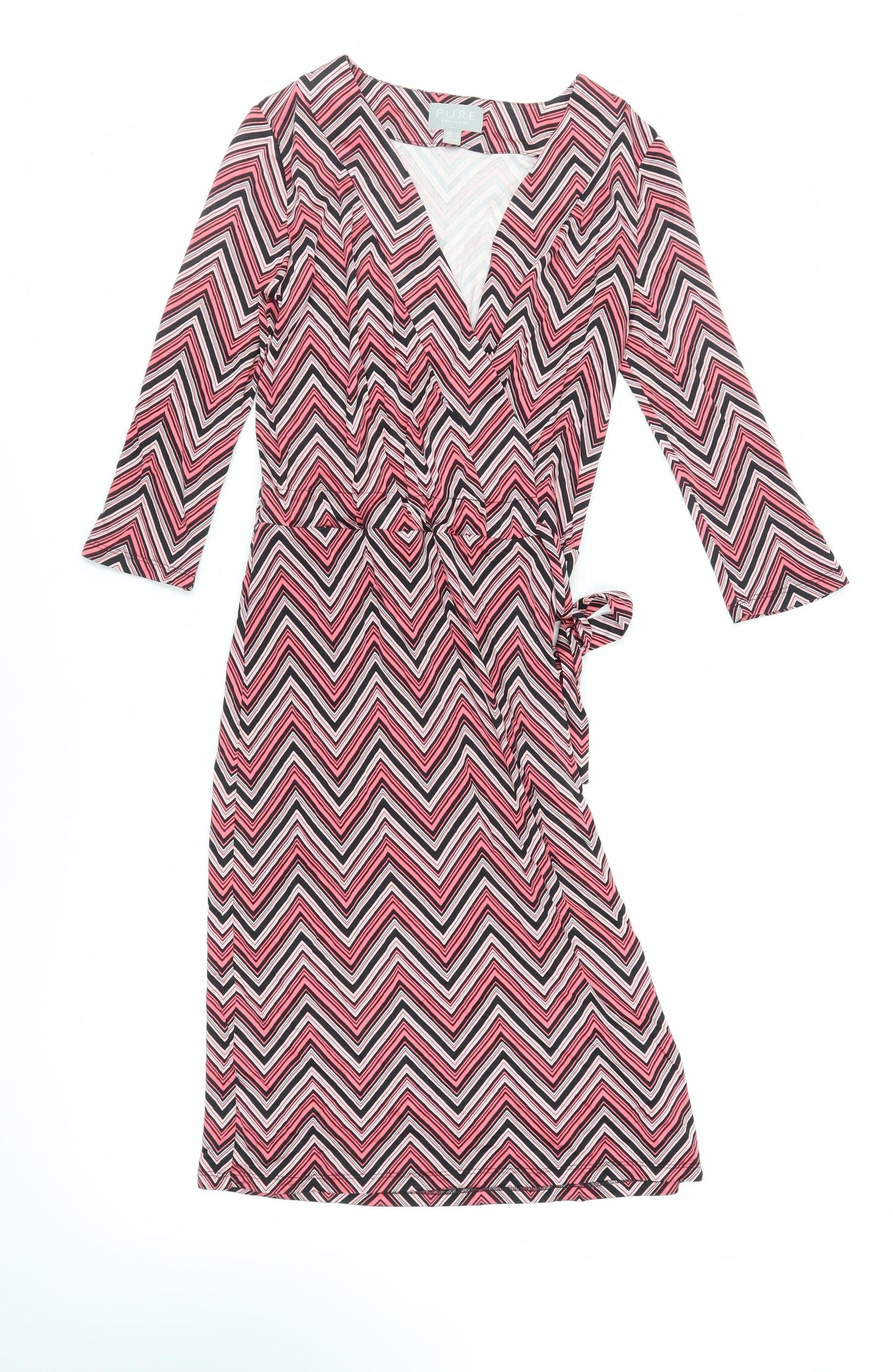 PURE Collection Womens Pink Geometric Silk Wrap Dress Size 8 V-Neck Tie