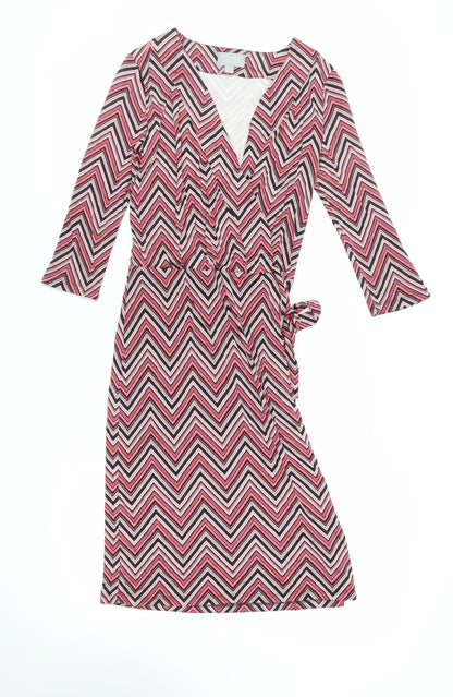 PURE Collection Womens Pink Geometric Silk Wrap Dress Size 8 V-Neck Tie