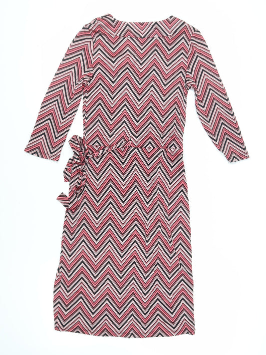 PURE Collection Womens Pink Geometric Silk Wrap Dress Size 8 V-Neck Tie