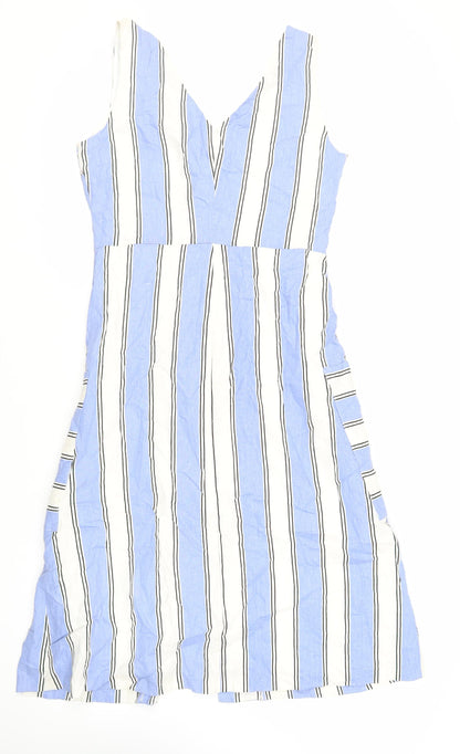 Warehouse Womens Blue Striped Viscose Tank Dress Size 12 V-Neck Button - Pockets