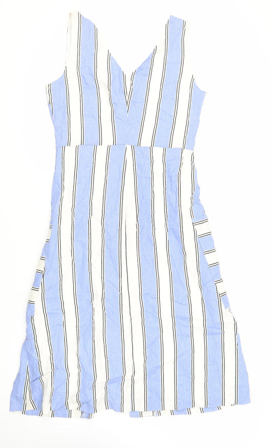 Warehouse Womens Blue Striped Viscose Tank Dress Size 12 V-Neck Button - Pockets