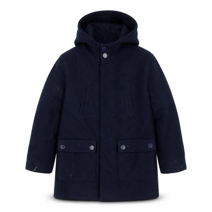 Front view of Minoti boys’ blue overcoat coat, size 4-5, years zip