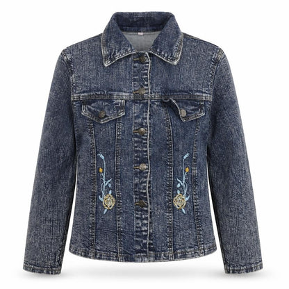 Front view of Butterfly girls’ blue jacket, size L, button