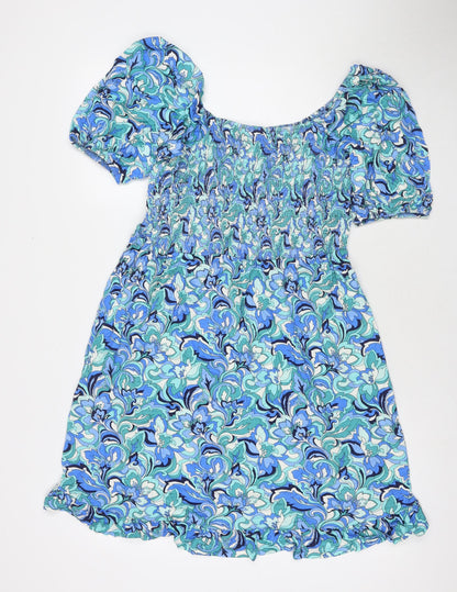 Roman Womens Blue Floral Rayon Fit & Flare Size 12 Square Neck Pullover