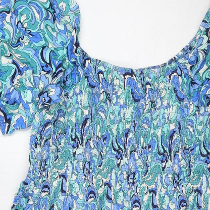 Roman Womens Blue Floral Rayon Fit & Flare Size 12 Square Neck Pullover