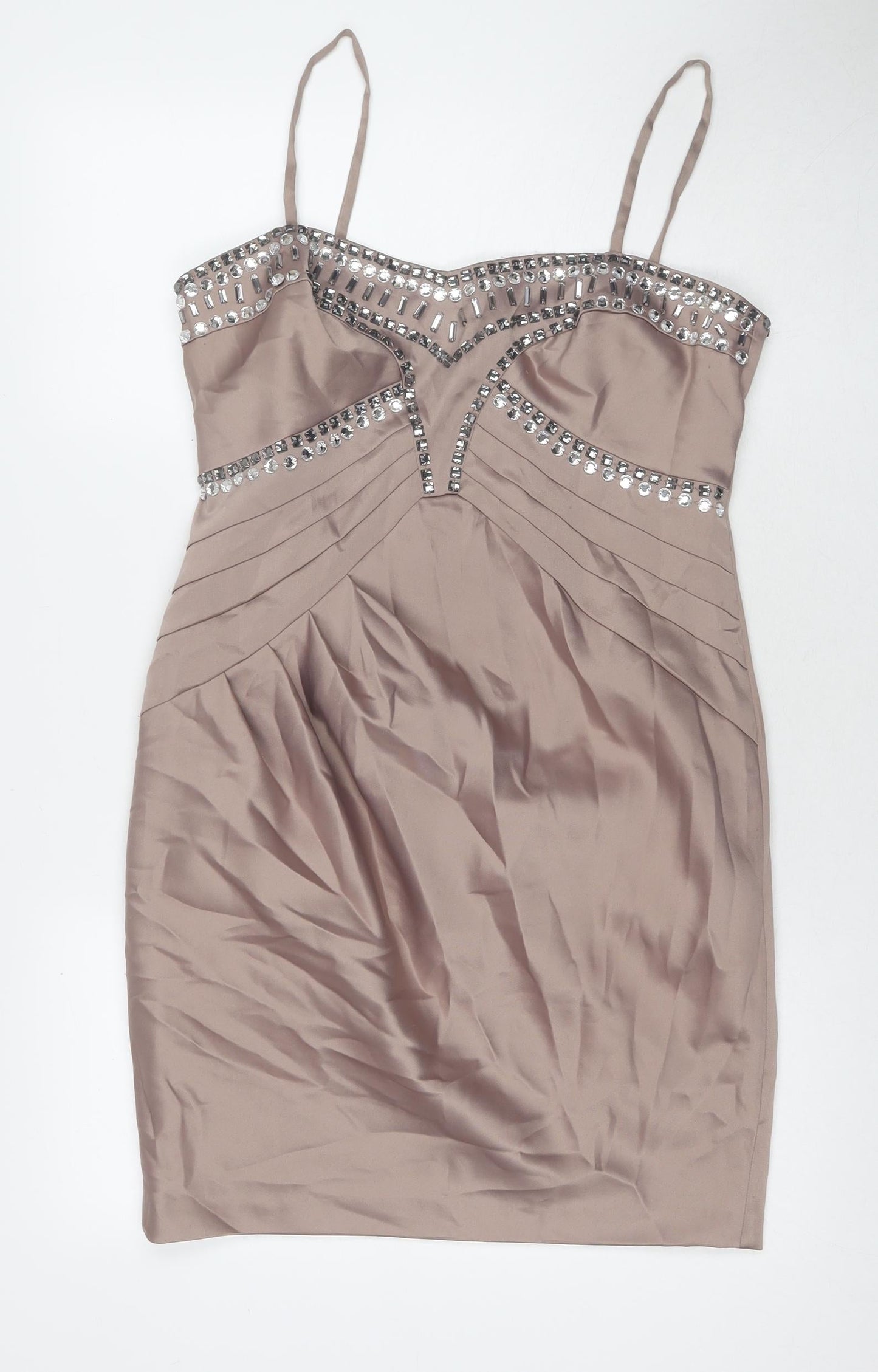New Look Womens Beige Polyester A-Line Size 14 Sweetheart Zip - Jeweled Detail