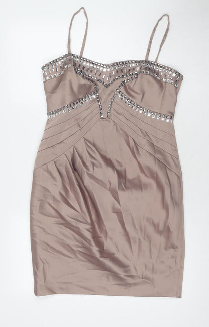 New Look Womens Beige Polyester A-Line Size 14 Sweetheart Zip - Jeweled Detail