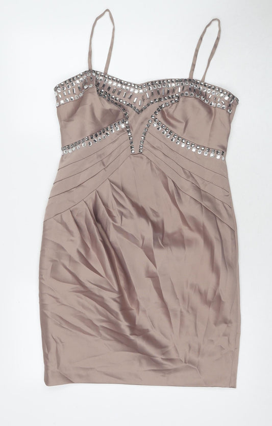 New Look Womens Beige Polyester A-Line Size 14 Sweetheart Zip - Jeweled Detail