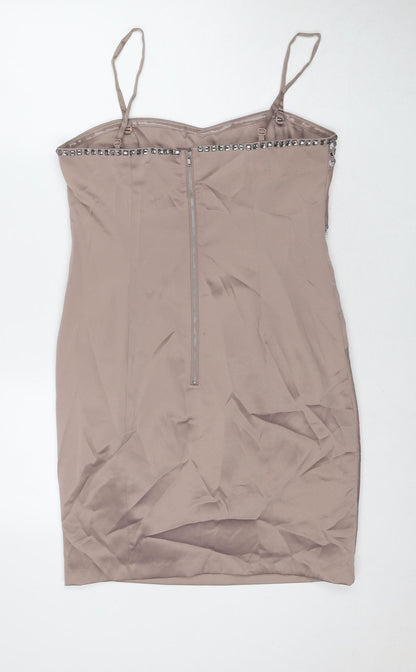 New Look Womens Beige Polyester A-Line Size 14 Sweetheart Zip - Jeweled Detail