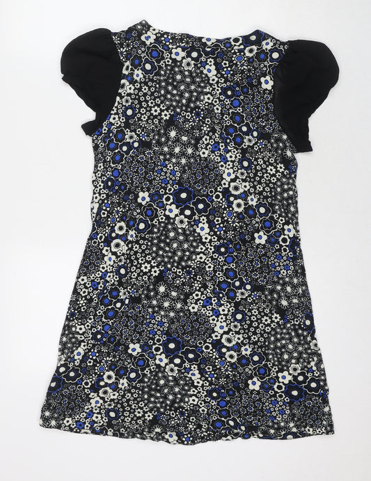 Miss Selfridge Womens Black Floral Viscose A-Line Size 12 Round Neck Pullover