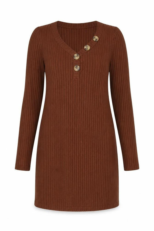 Front view of Miss Selfridge women’s brown polyester shift, size UK 14, v-neck pullover