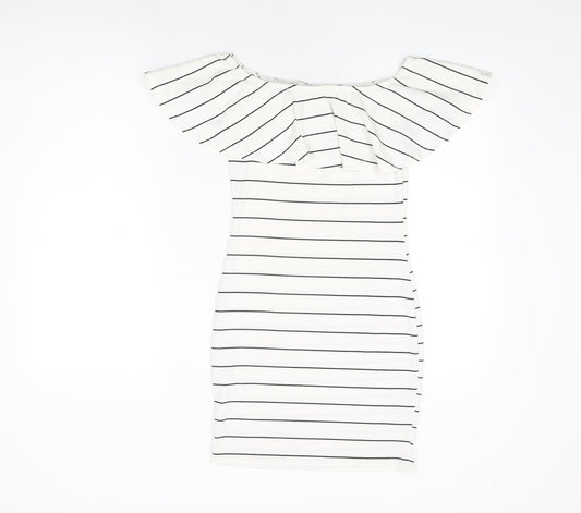 Missguided Womens White Striped Polyester Bodycon Size 8 Off the Shoulder Pullover
