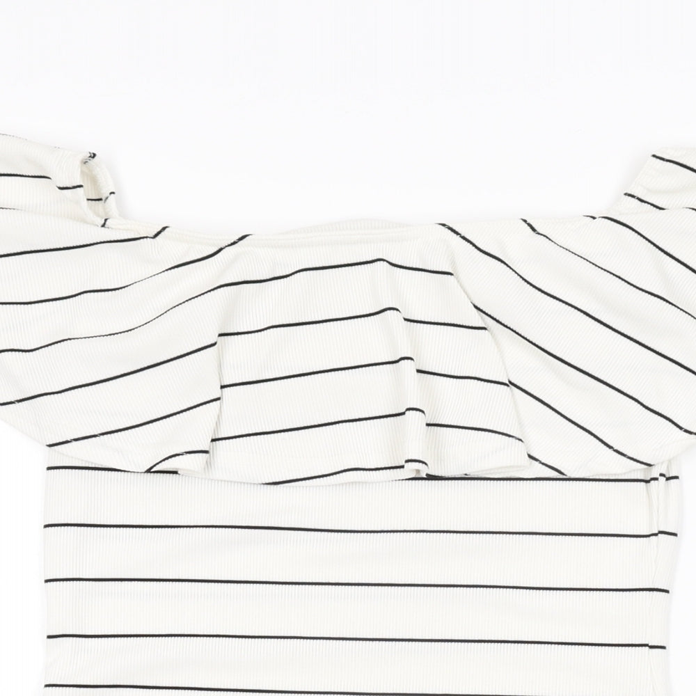 Missguided Womens White Striped Polyester Bodycon Size 8 Off the Shoulder Pullover