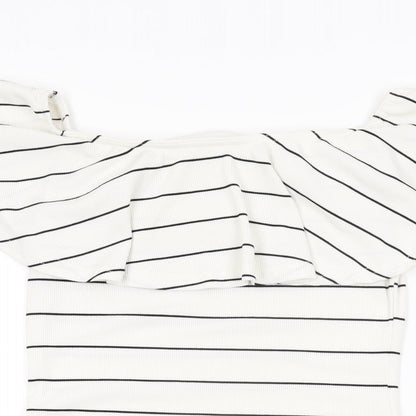 Missguided Womens White Striped Polyester Bodycon Size 8 Off the Shoulder Pullover