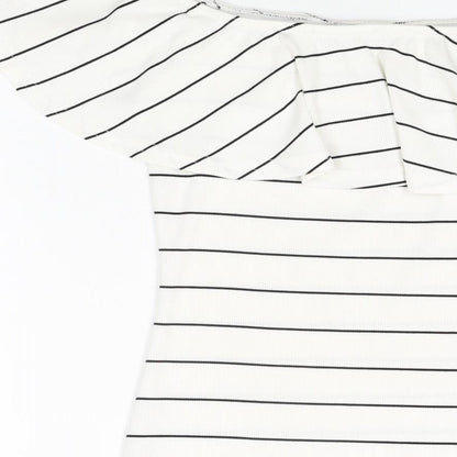 Missguided Womens White Striped Polyester Bodycon Size 8 Off the Shoulder Pullover