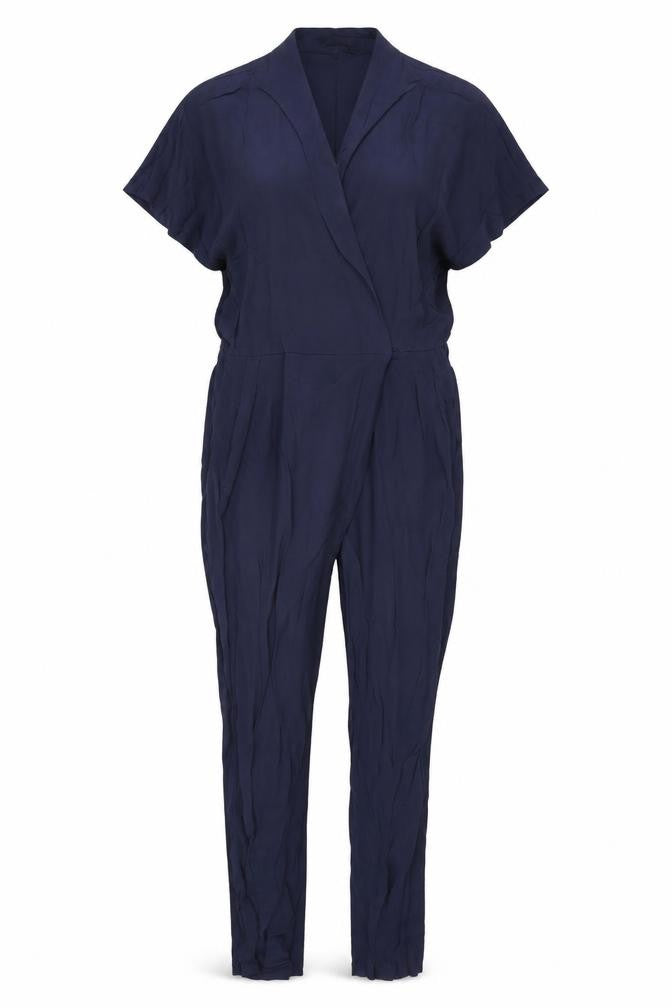 Front view of Autograph women’s blue viscose jumpsuit one-piece, size UK 12, 28-inch leg pullover