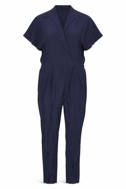 Front view of Autograph women’s blue viscose jumpsuit one-piece, size UK 12, 28-inch leg pullover
