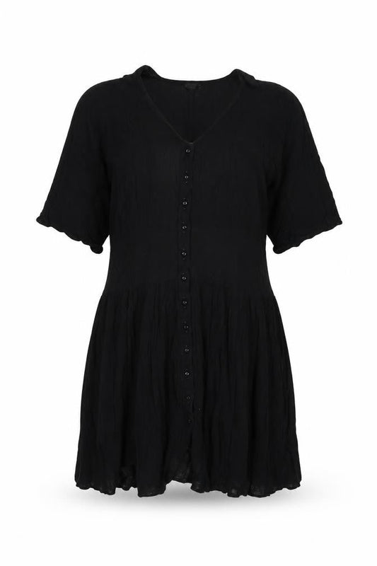 Front view of ASOS women’s black viscose shift, size UK 10, v-neck button