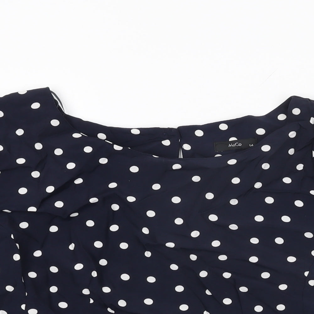 M&Co Womens Blue Polka Dot Viscose Basic T-Shirt Size 14 Round Neck