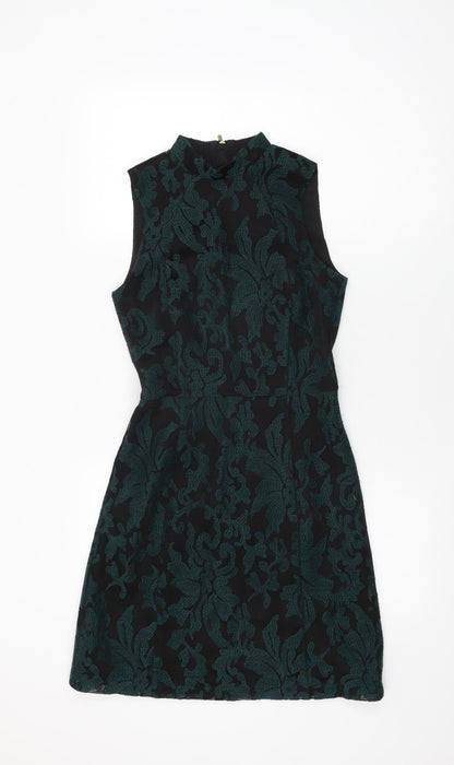 H&M Womens Black Floral Polyester Shift Size 6 Round Neck Zip