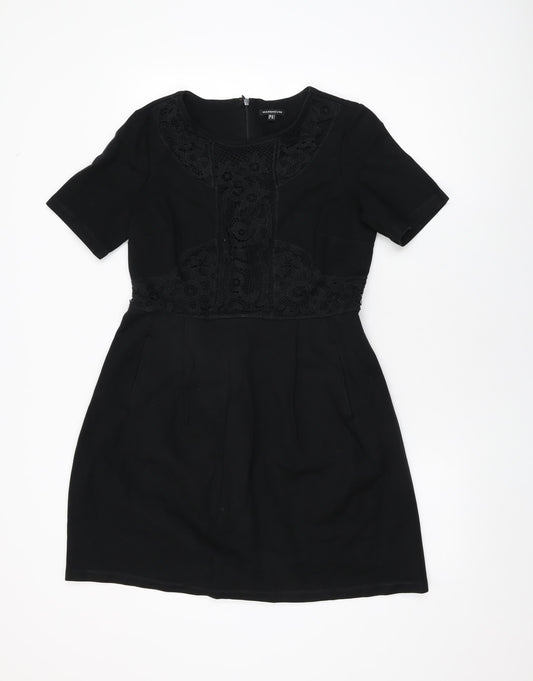 Warehouse Womens Black Floral Cotton A-Line Size 14 Round Neck Zip