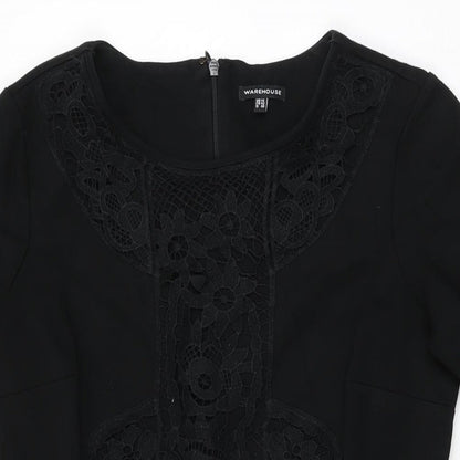 Warehouse Womens Black Floral Cotton A-Line Size 14 Round Neck Zip