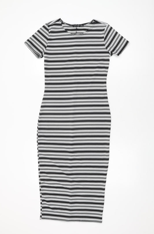 I SAW IT FIRST Womens White Striped Polyester Bodycon Size 8 Round Neck Pullover