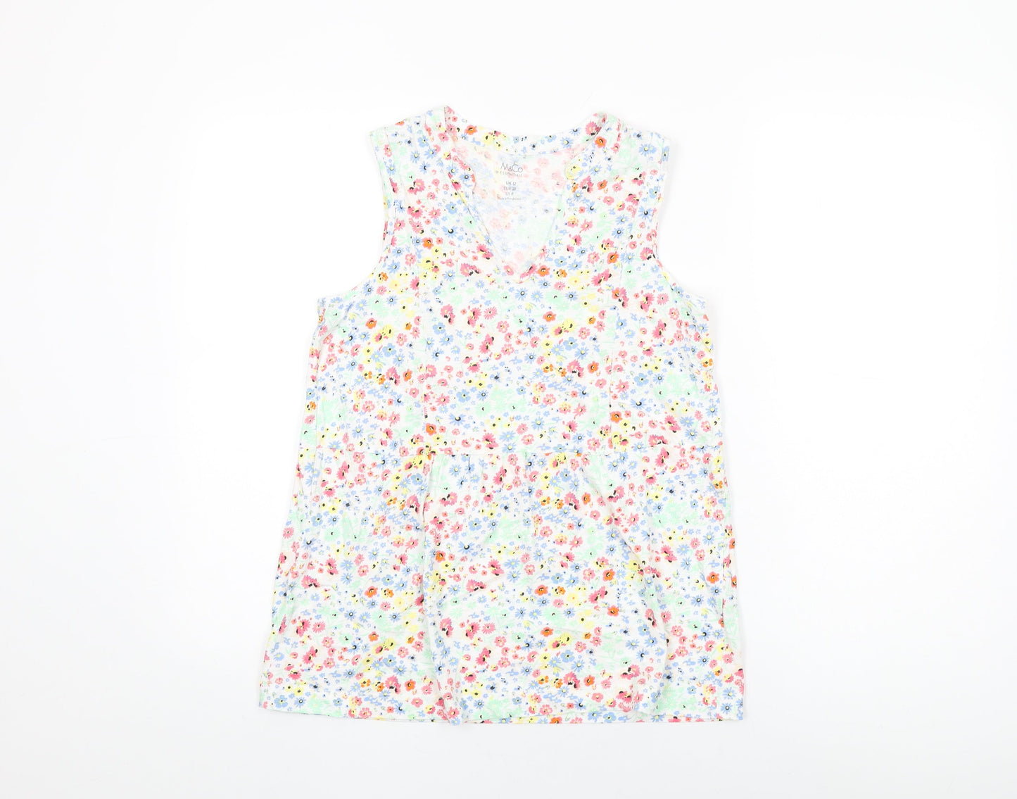 M&Co Womens White Floral Cotton Basic T-Shirt Size 12 V-Neck