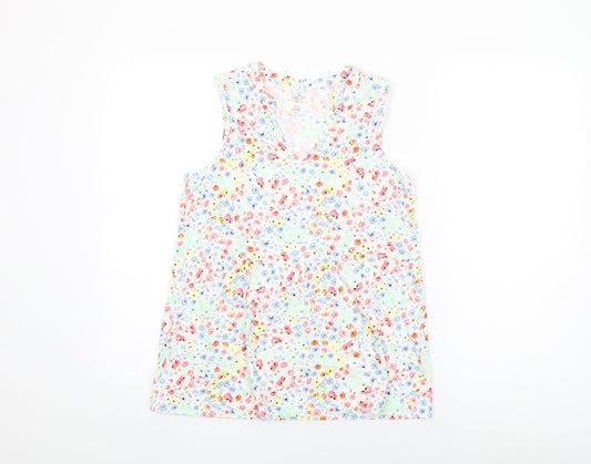 M&Co Womens White Floral Cotton Basic T-Shirt Size 12 V-Neck