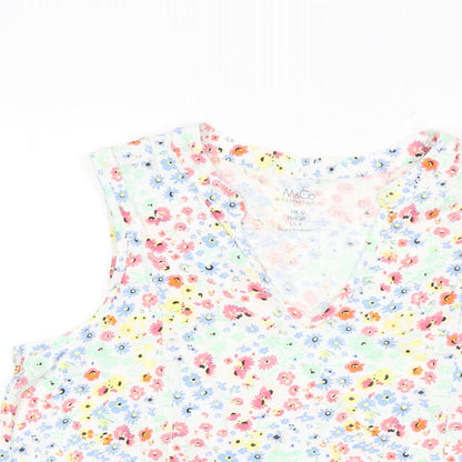 M&Co Womens White Floral Cotton Basic T-Shirt Size 12 V-Neck