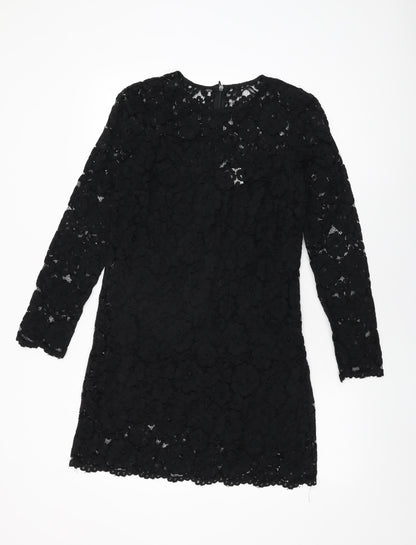 H&M Womens Black Floral Viscose Shift Size 8 Round Neck Zip