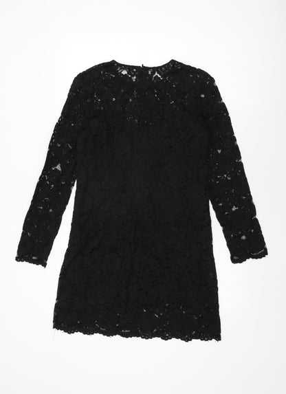H&M Womens Black Floral Viscose Shift Size 8 Round Neck Zip