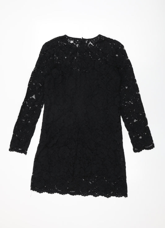 H&M Womens Black Floral Viscose Shift Size 8 Round Neck Zip