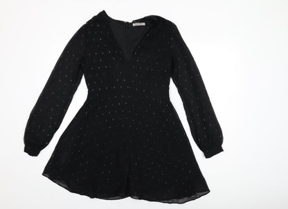 Glamorous Womens Black Polka Dot Polyester Skater Dress Size 10 V-Neck Zip