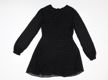 Glamorous Womens Black Polka Dot Polyester Skater Dress Size 10 V-Neck Zip