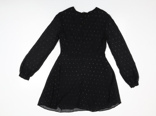 Glamorous Womens Black Polka Dot Polyester Skater Dress Size 10 V-Neck Zip