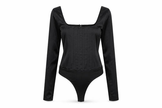 Front view of Missguided women’s black polyester bodysuit one-piece, size UK 8, snap